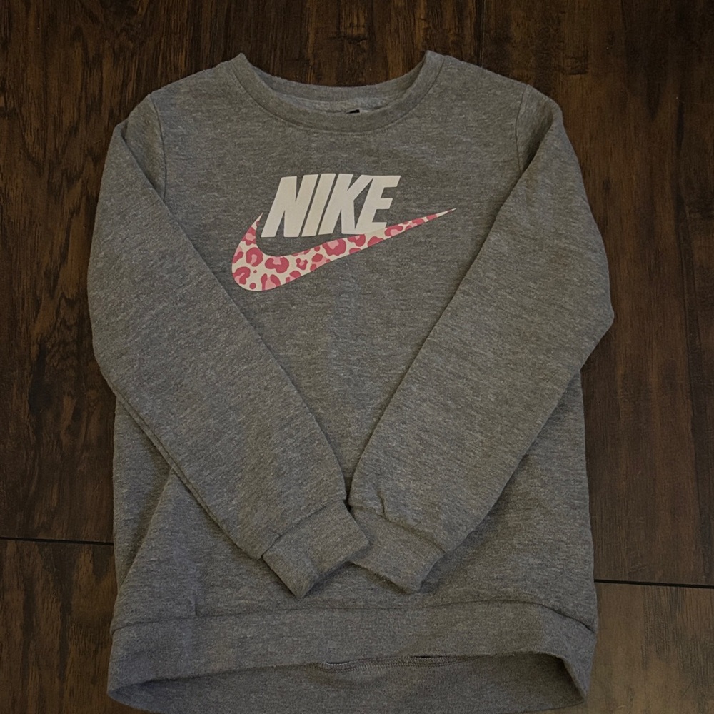 Nike Heather Gray Sweatshirt with Pink Leopard Swoosh